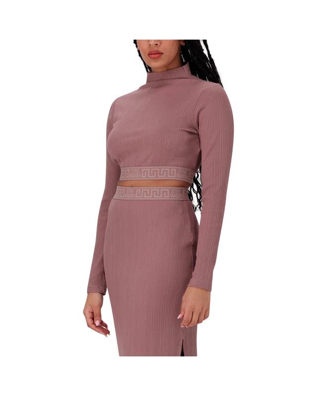 ELORA DARK TAUPE LONG SLEEVE FUNNEL NECK CROP TOP