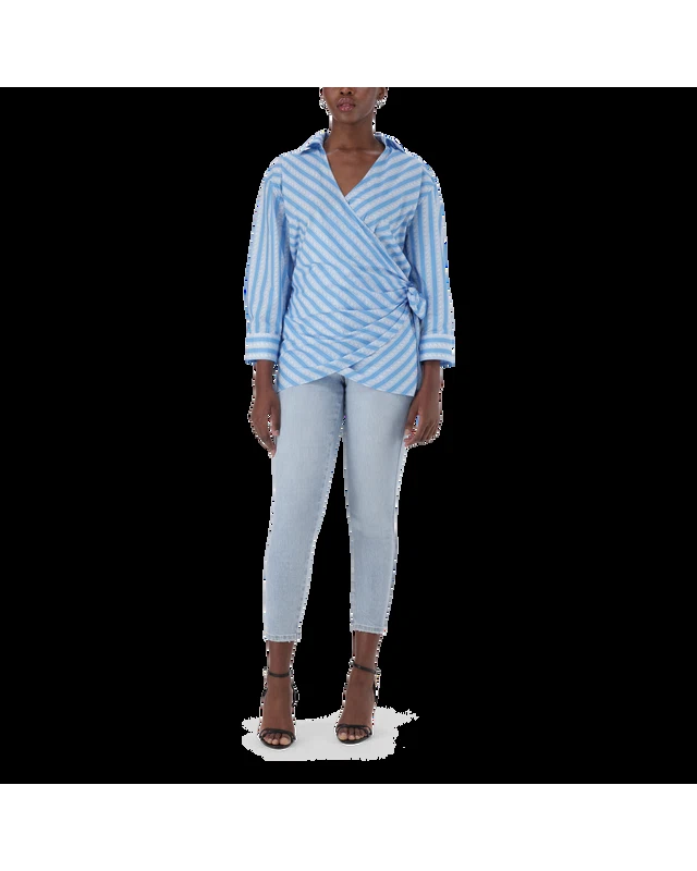 RIRI WHITE BLUE OVERSIZED WRAP SHIRT WITH TIE